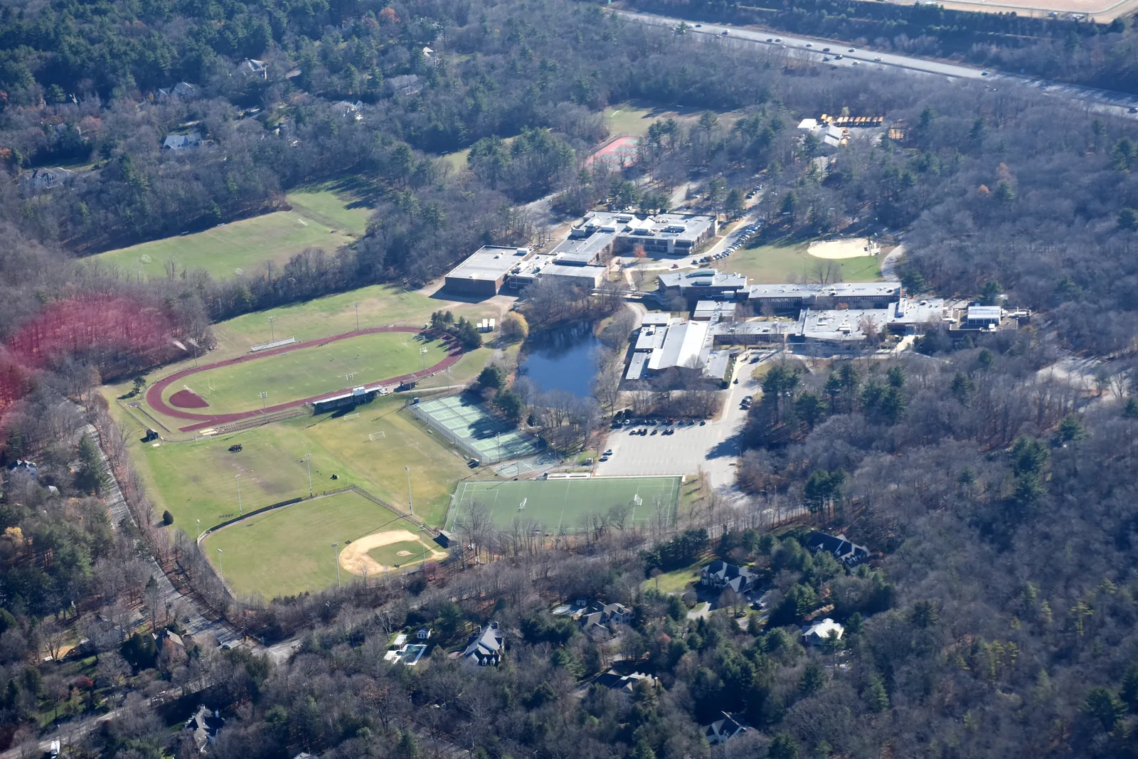 Aerial view of Weston High School in Weston, Massachusetts